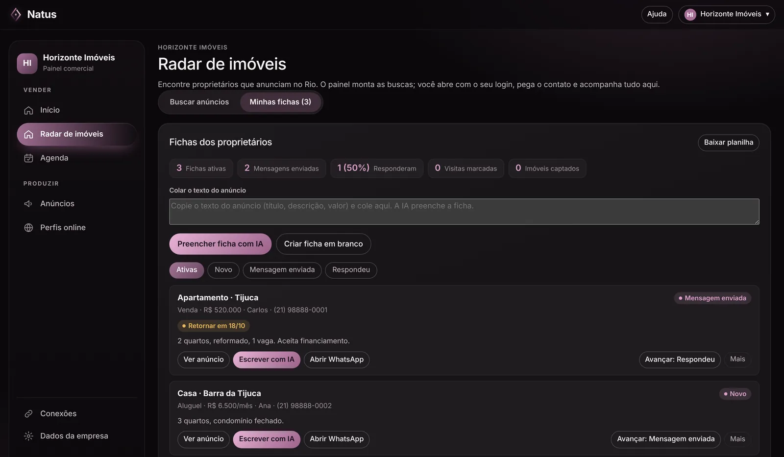 Tela do Radar de imóveis no painel da Natus: fichas de proprietários com bairro, valor, etapa da conversa e lembrete de retorno